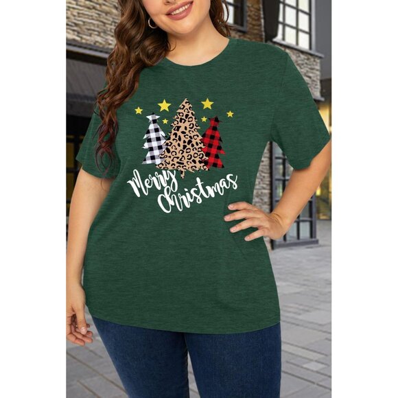 Women Plus Size Christmas Leopard Tree T-Shirt Short Sleeve Holiday Top - Picture 4 of 7